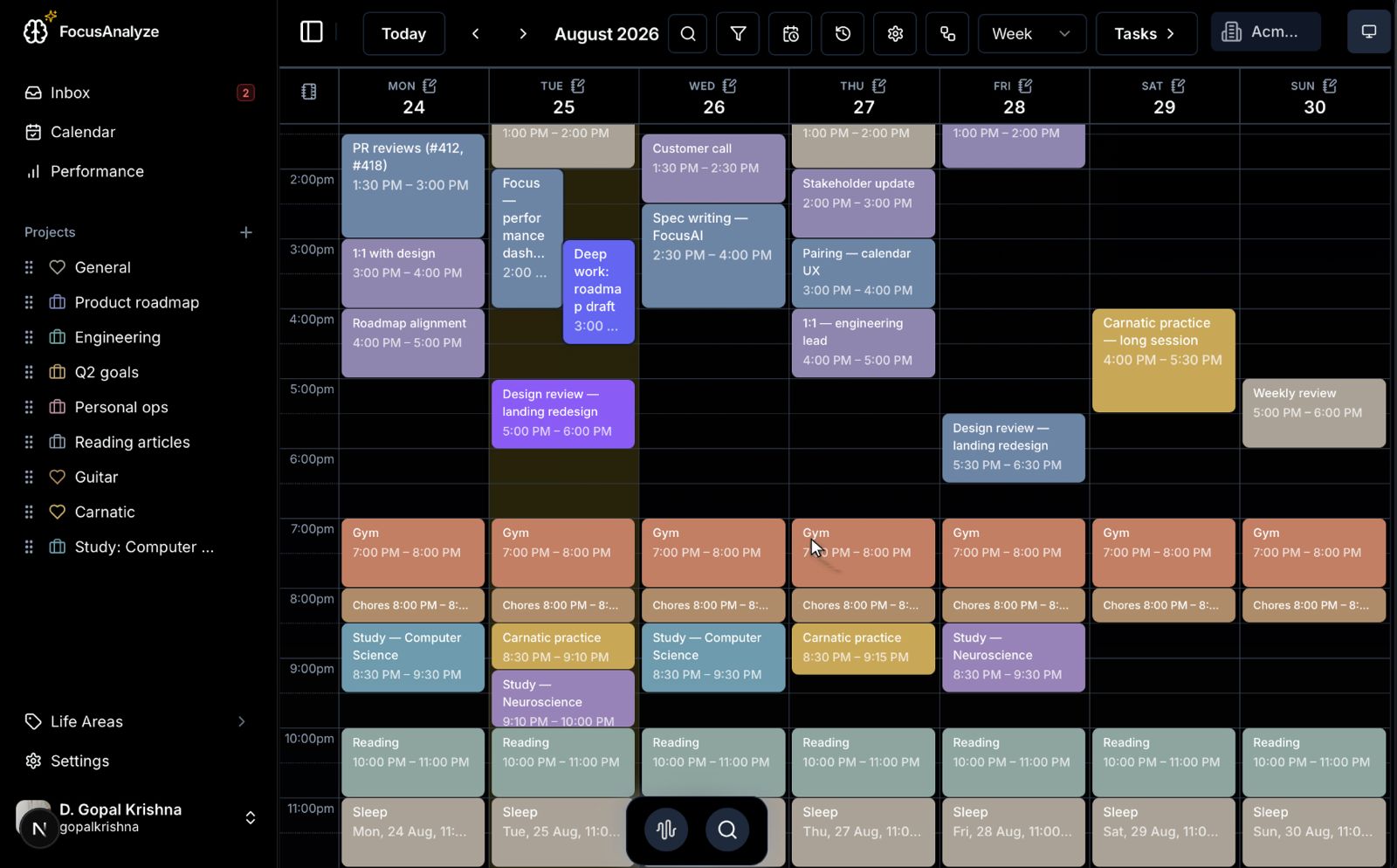 Every part of your day, in one frame — calendar, tasks, journal, and insights together